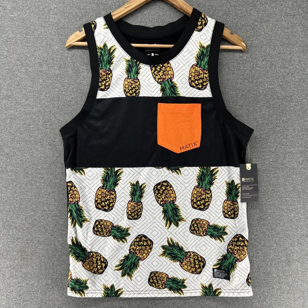 NWT Matix Pineapple Tank Top Mens Small Black Tropical Print Pocket Skate Beach